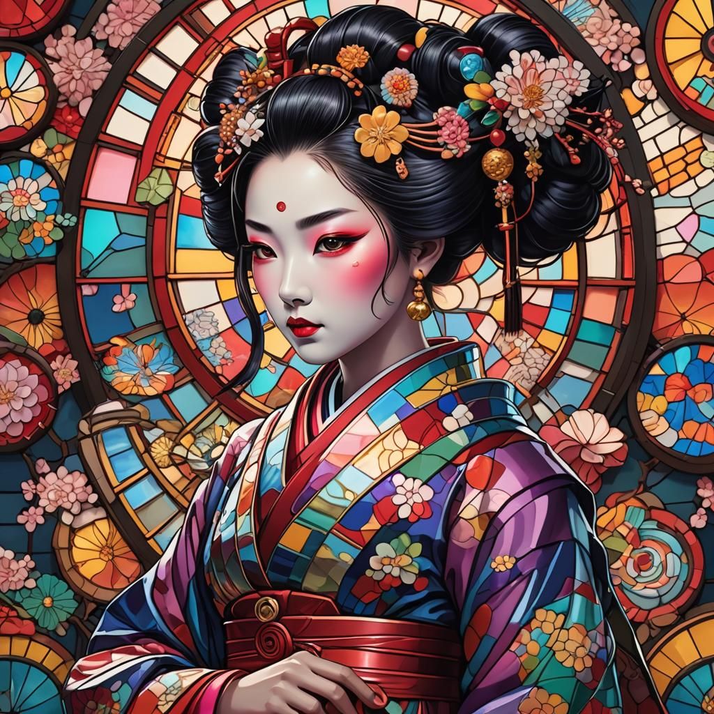 a sulky geisha who's skin is made out of stained glass