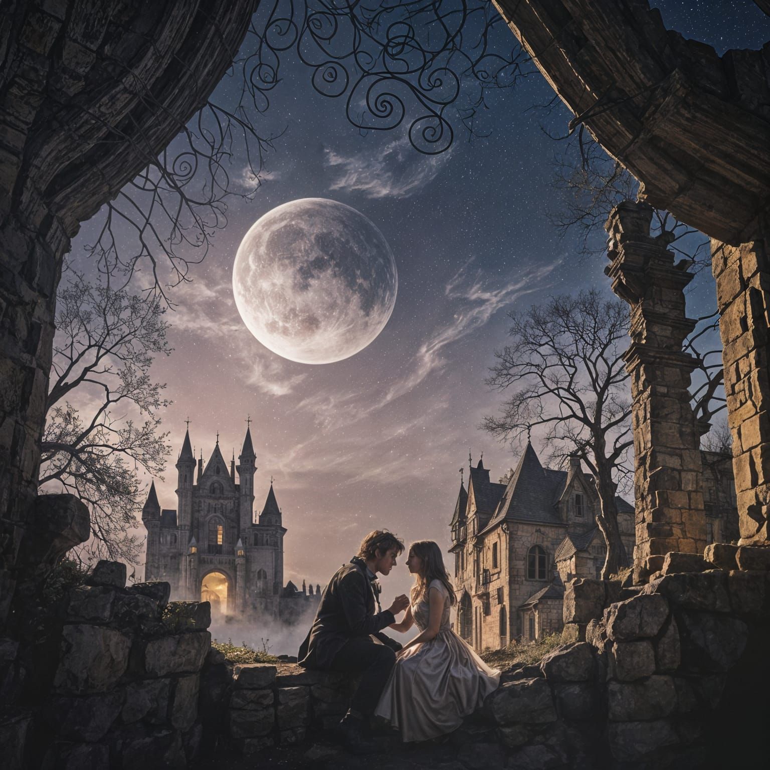 A gothic magical setting with silver accents romantic couple...