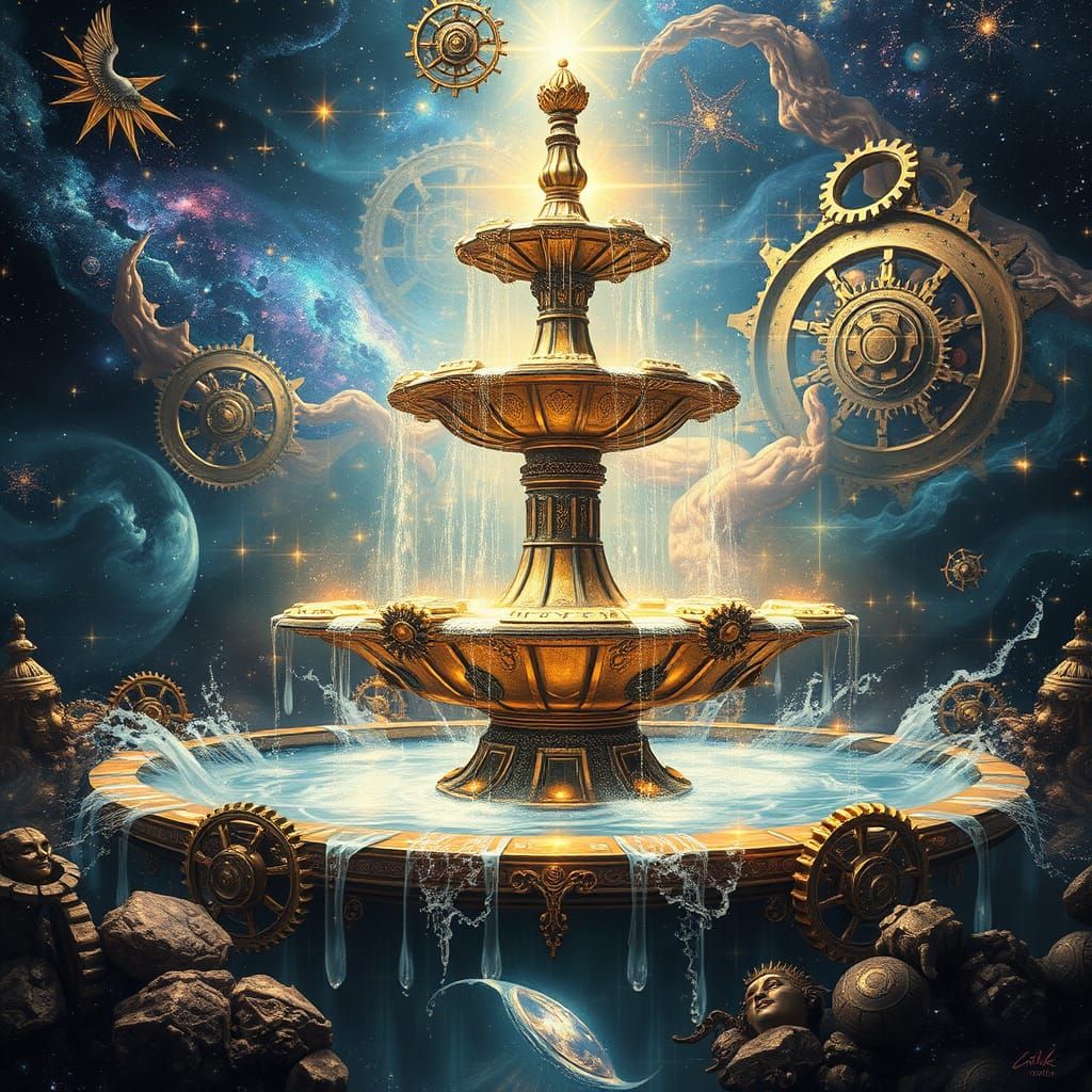 envision a celestial fountain crafted from polished gears and shimmering stardust, its waters flowing ...  by @BEAST1966