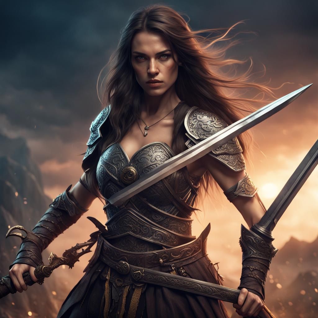 beautiful brunette with long hair female warrior holding a sword ready ...