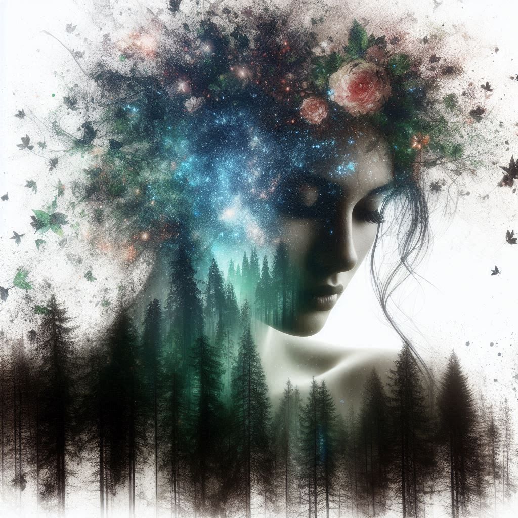 double exposure beautiful fantasy DALL-E 3 portrait landscap...