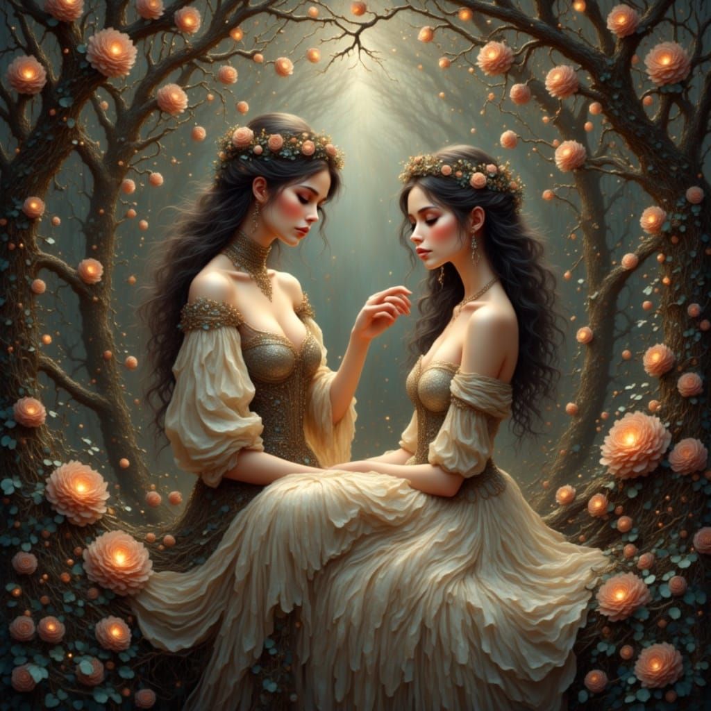 In the warmth, where shadows dare
A union forms, tender as air
A whispered promise, soft as dawn
Together they tread, where dreams are drawn...