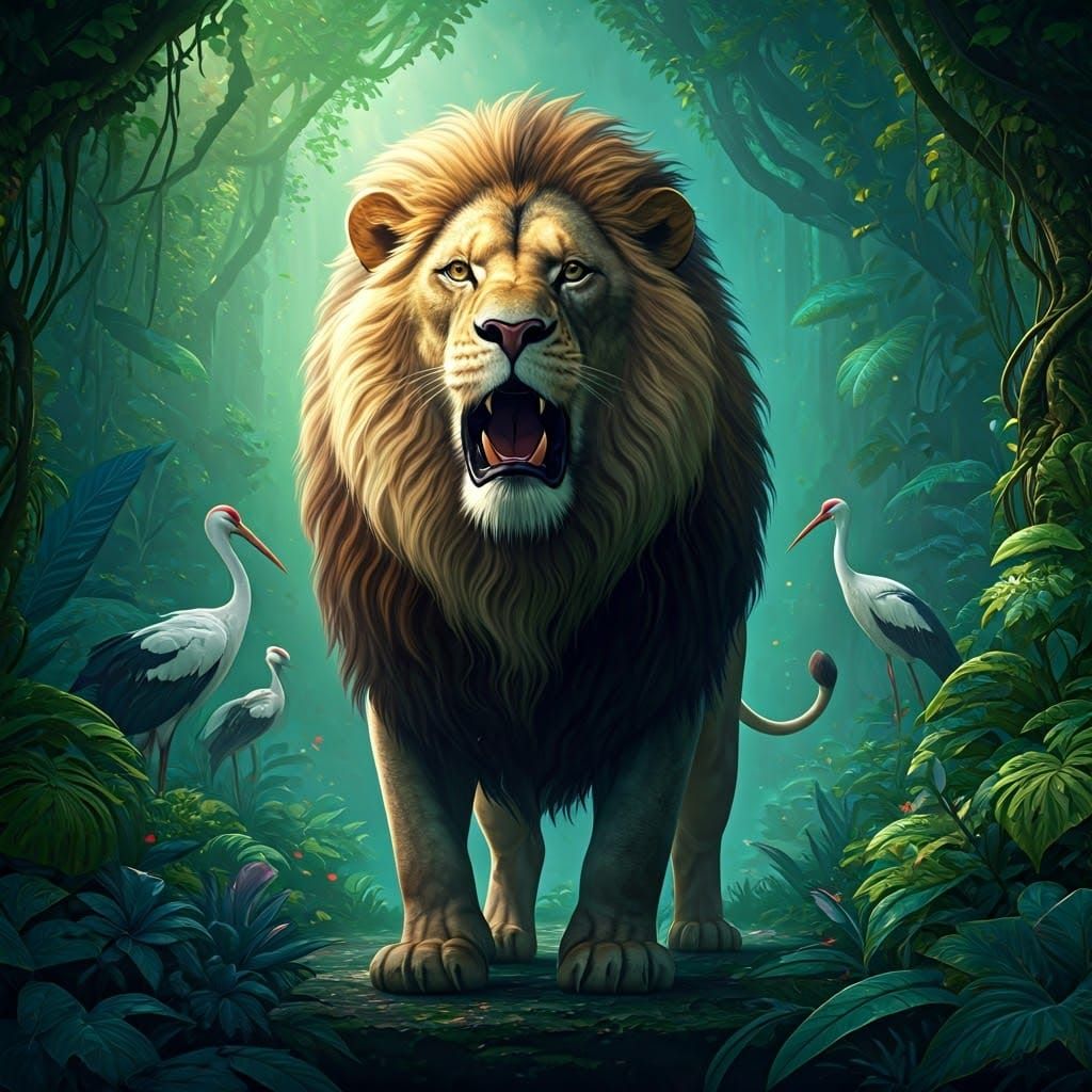 Regal Lion Reigns Over Whimsical Fantasy Landscape
