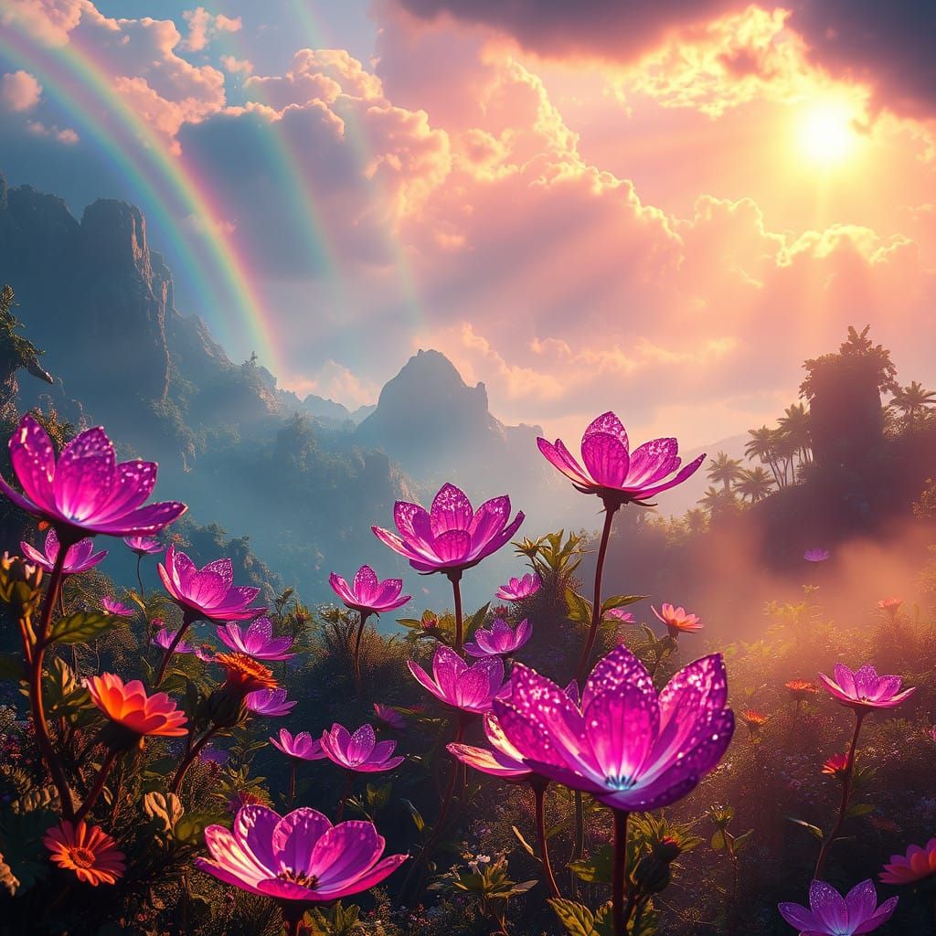 Vibrant Crystal Flowers in Iridescent Paradise, Fantasy Real...