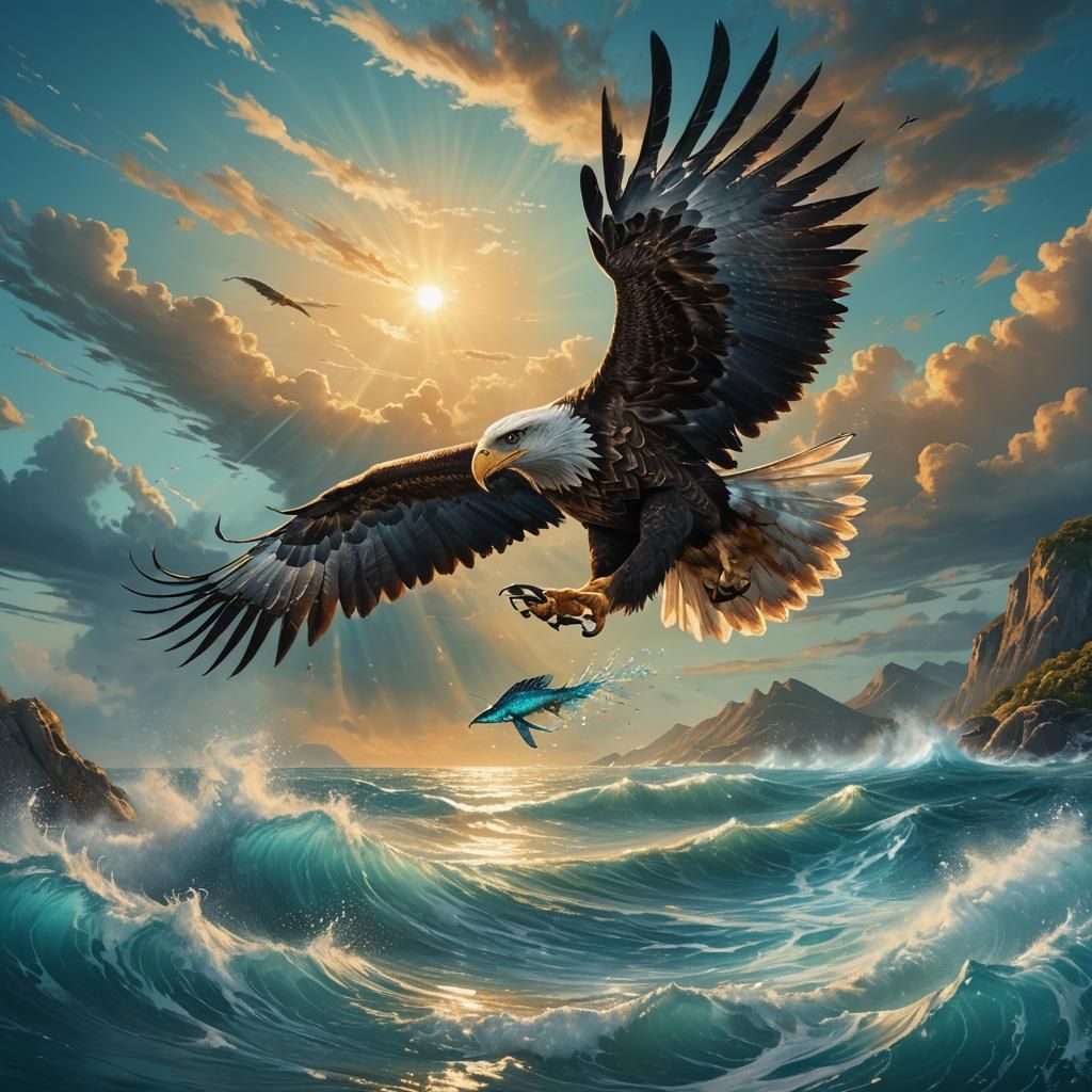Majestic Eagle Captures Fish Over Turquoise Sea