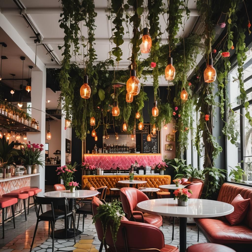 Modern Minimal Jungle Cafe With Hanging Vines