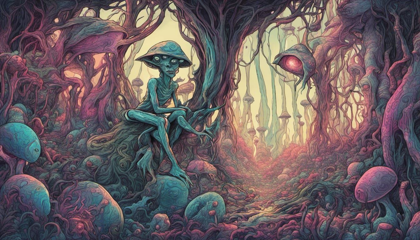 an alien psychedelic elf in an alien psychedelic forest, wid...