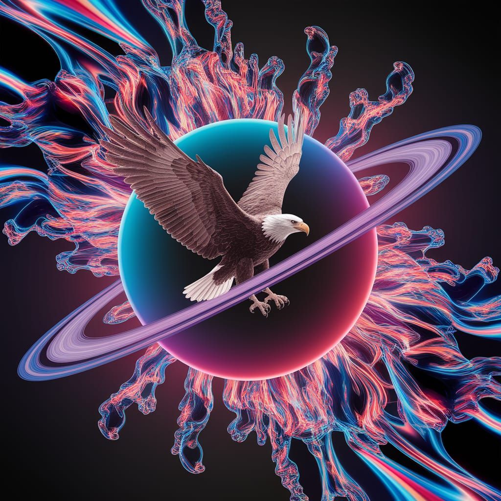 Ethereal Ferrofluid Eagle Ascends Cosmic Tesseract