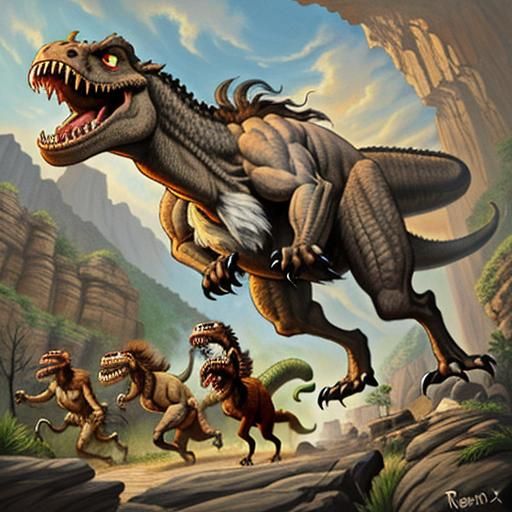 a caveman drawing where cave people are runing from Trex