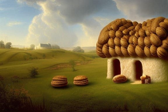 Bread house built from buns, rolls, croissants, and baguette...