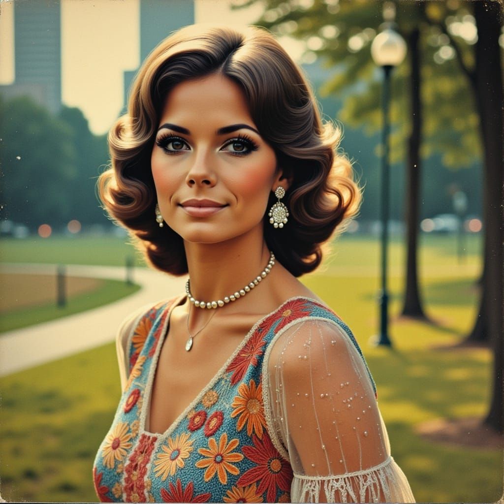  <lora:70s Chic V2:1.0> chromolithograph, woman in a 1970’s crochet dress, 70s chic, city park backdrop 