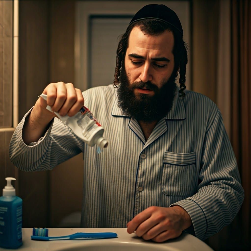 Exhausted Man Squeezing Empty Toothpaste Tube