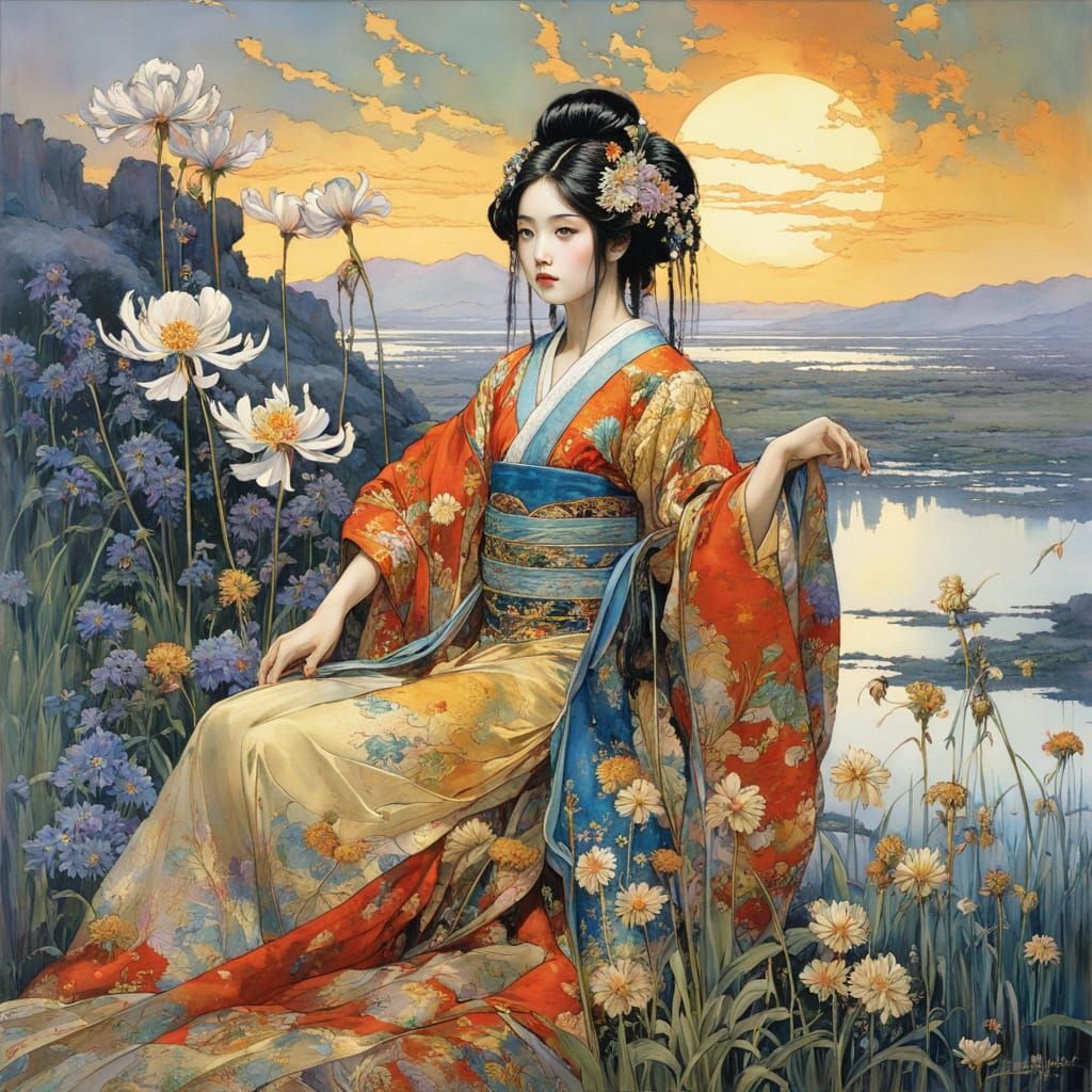 Exotic Geisha Goddess in Vibrant Fantasy Landscape