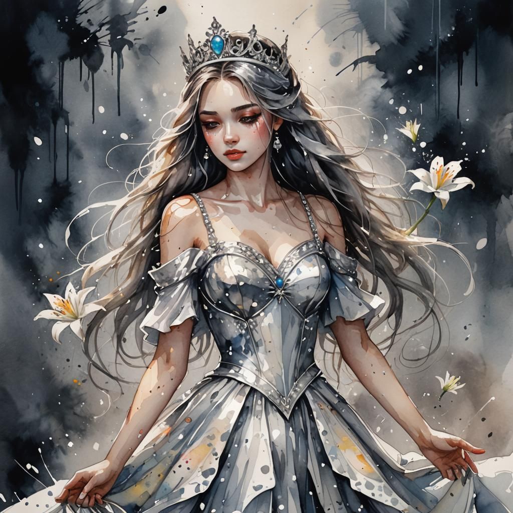 Shimmering Princess with Lily Flower in Watercolor Art