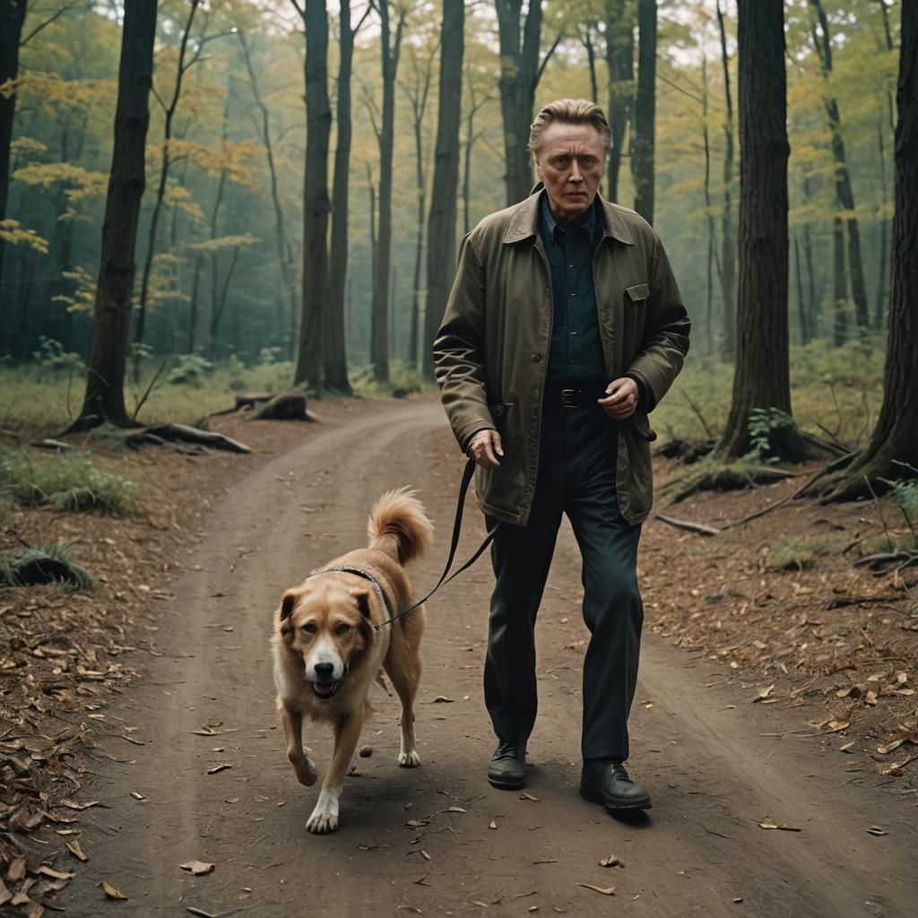Christopher Walken walks a dog.