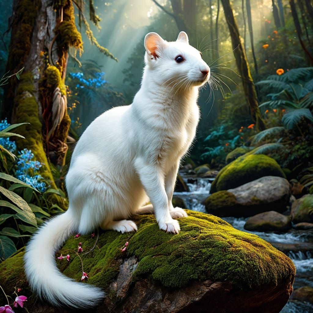 Elegant white Ermine with fluffy fur sitting on a rock