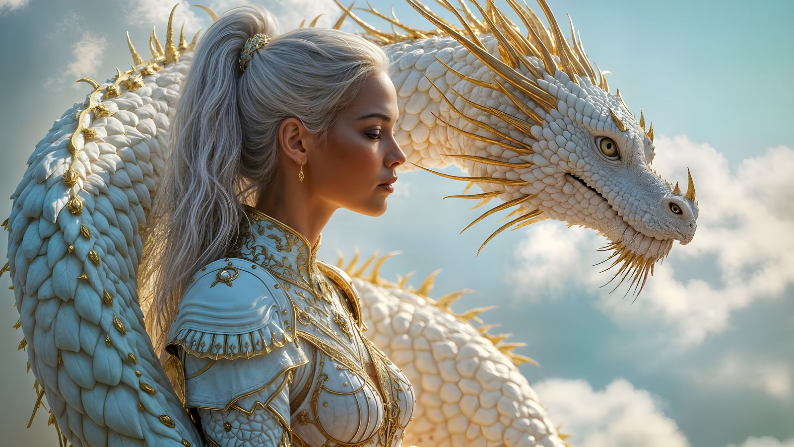 Design an image of a white and gold dragon coiling around a very beautiful woman in an elaborate, white ...  by @KOSH