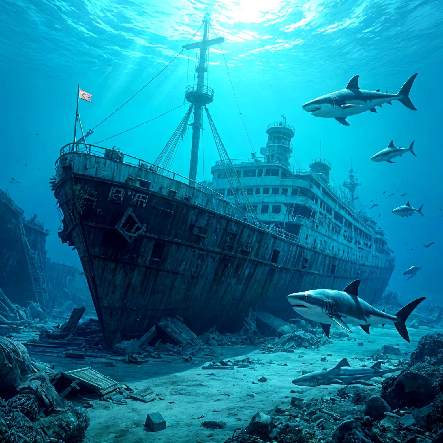 Sharks at the wreck  by @DAN Klorix