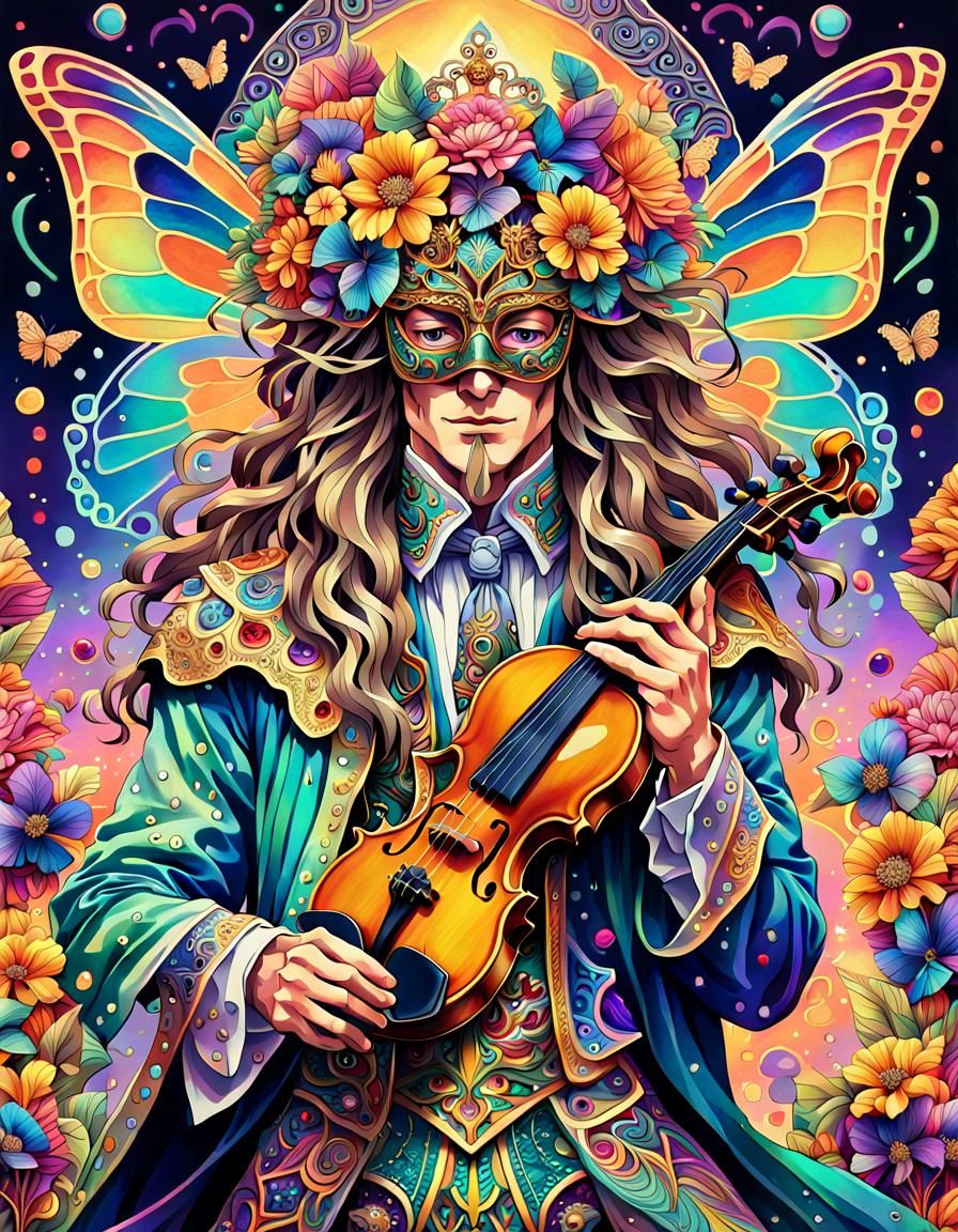 Hyper detailed anime art of a handsome fairy lord plays violine with long  wavy hair and butterfly inspired Venetian mask in psychedelic str... - AI  Generated Artwork - NightCafe Creator