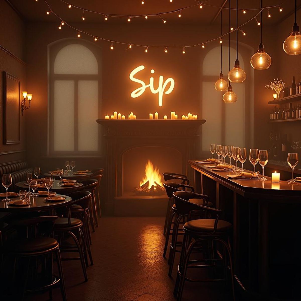 a foggy evening inside a small secluded wine bar with a warmly lit sign