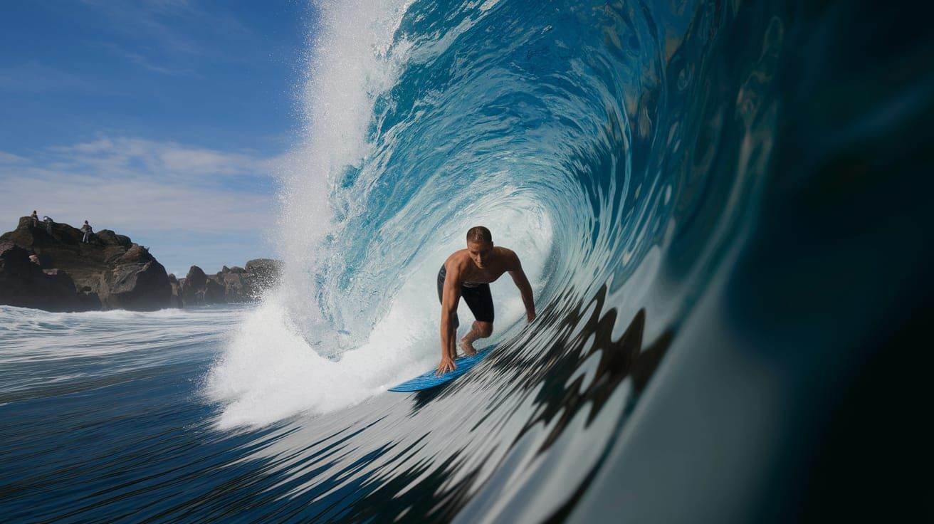 3/4 Front view of a rocky bodyboard session. Man crawling on his bodyboard and looking back to the wave. Dark blue perfect water Barrel. Pho...