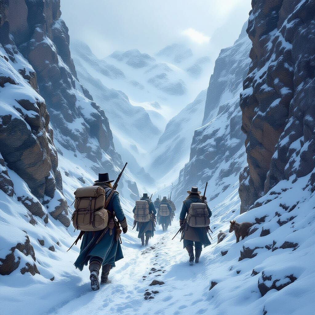 “Brave travelers of the late 18th–early 19th century struggle through a narrow mountain pass during a fierce snowstorm. Jagged cliffs rise o...