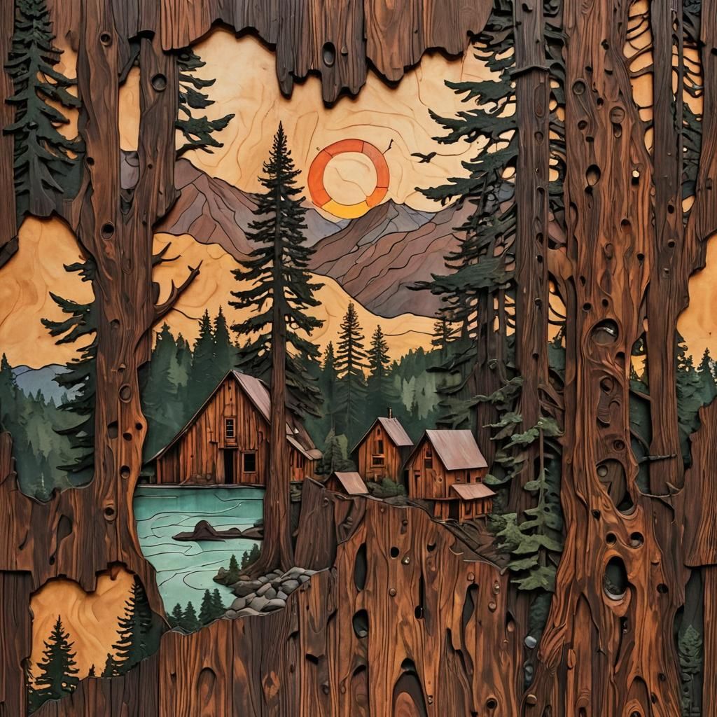 Landscape in Stained Wood, Dyed Leather and Metal  by @jeanne