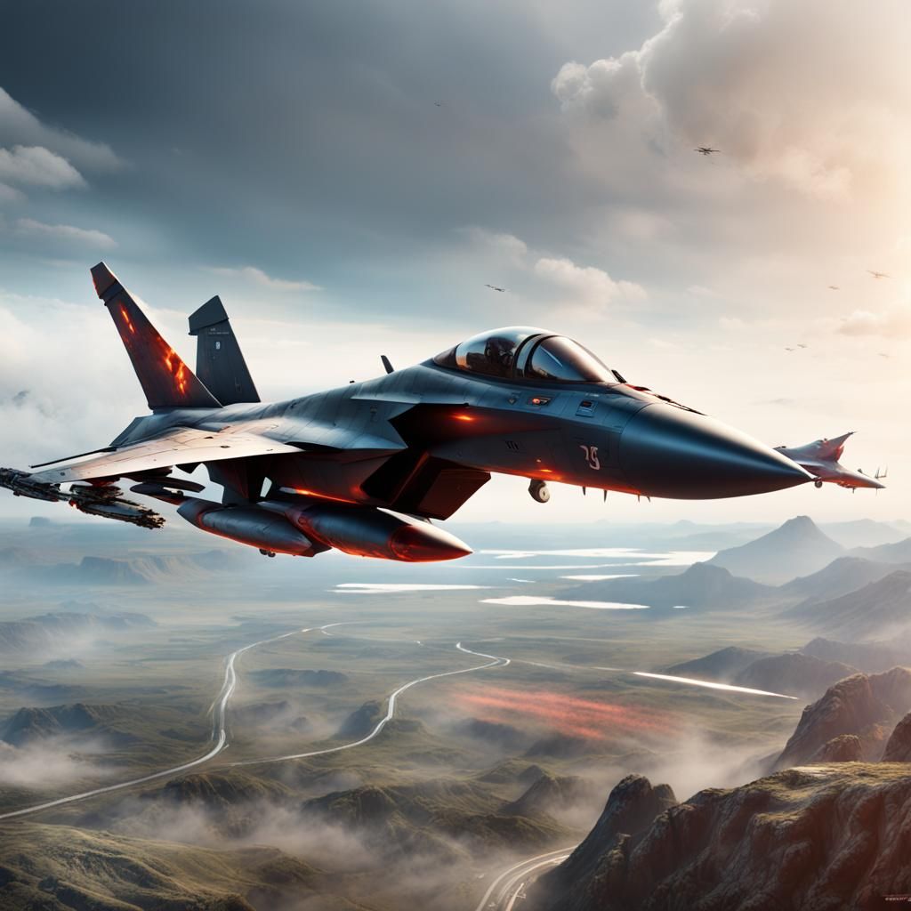 Modern fighter jet over the battlefield