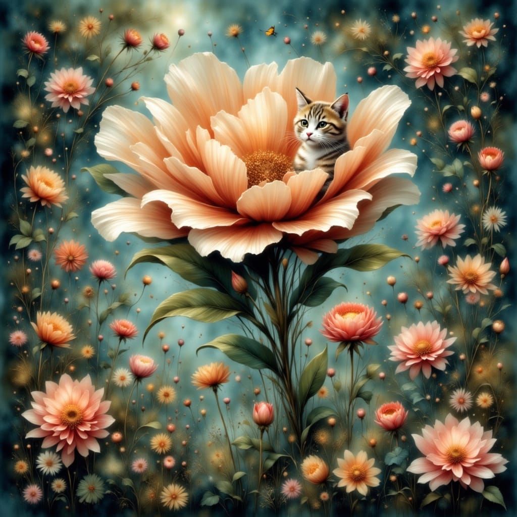 Whimsical Cat on Giant Flower in Misty Secret Garden