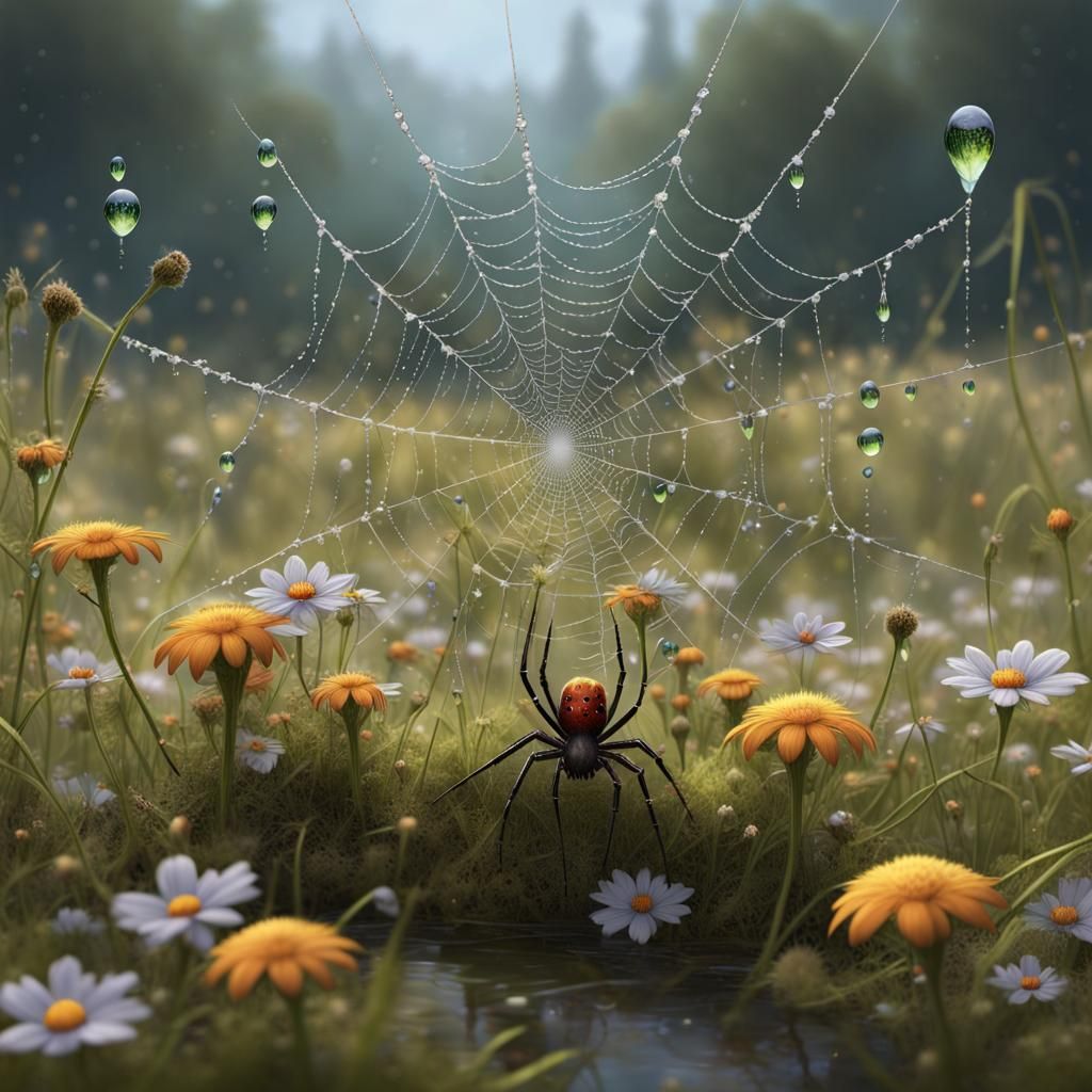 Spiderweb in the morning  by @Vochomurka