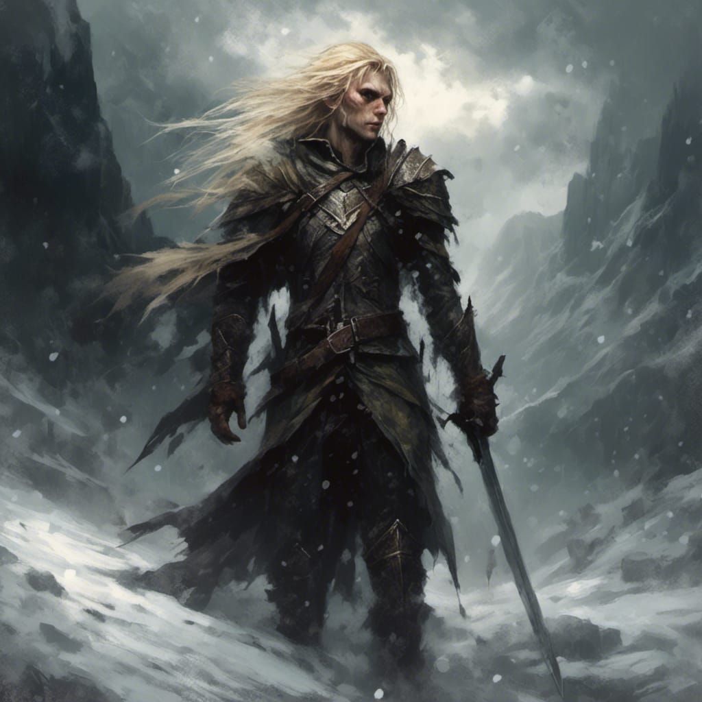 Blond-haired male elf, youth, thin, skinny, long straight hair. Wearing ...