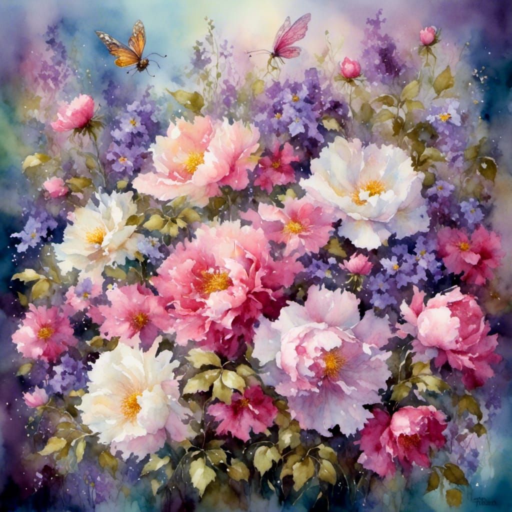<lora:Little Fairies:1.0>peonies and petunias
