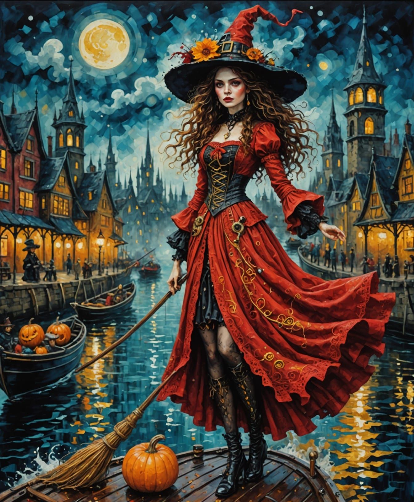 Klimt Crochet Steampunk  HALLOWEEN Witch drives a boat  in red dress , intricate and impressive illustration. Close up view. Night city back...