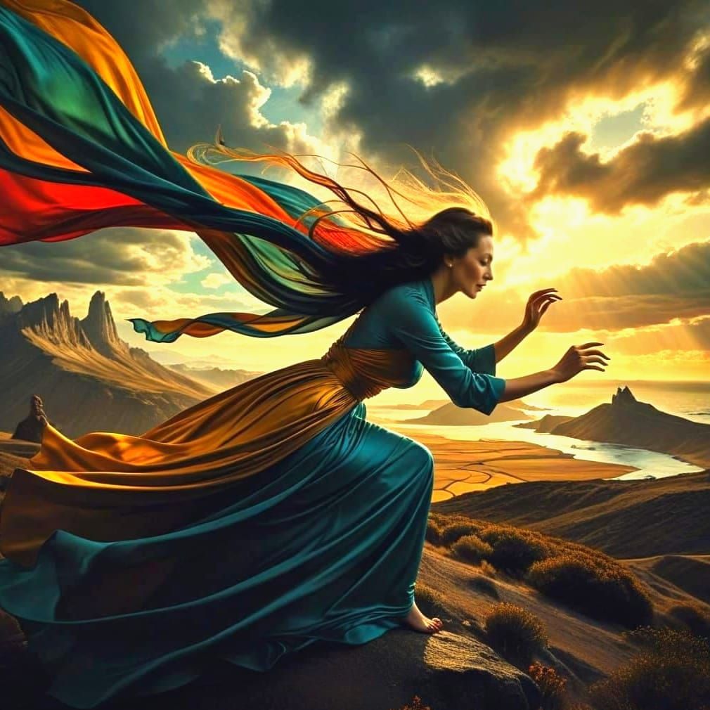 Surrealistic Portrait of a Happy Mature Lady in Vibrant Land...