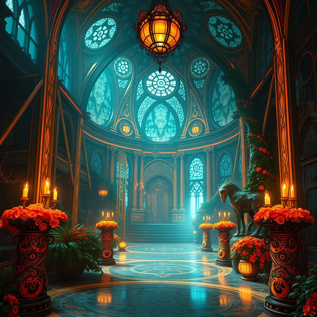 Surreal Art Nouveau Scene in Vibrant Orange and Teal