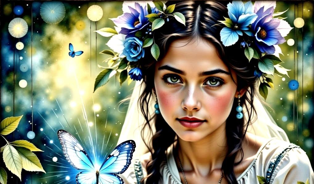 Girl with Galaxy Eyes Holds Luminescent Butterfly in Etherea...