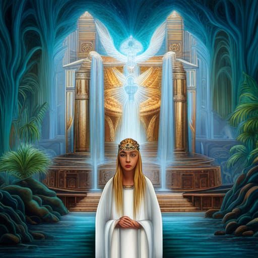 Atlantean Temple, priestesses in white robes, crystals, waterfalls, New ...