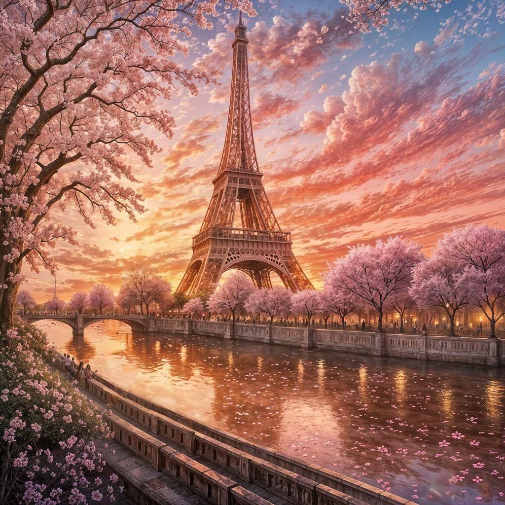 a beautiful view of the eiffel tower sunset pink sky top left corner is a cherry blossom branch little ...  by @justanotherperson