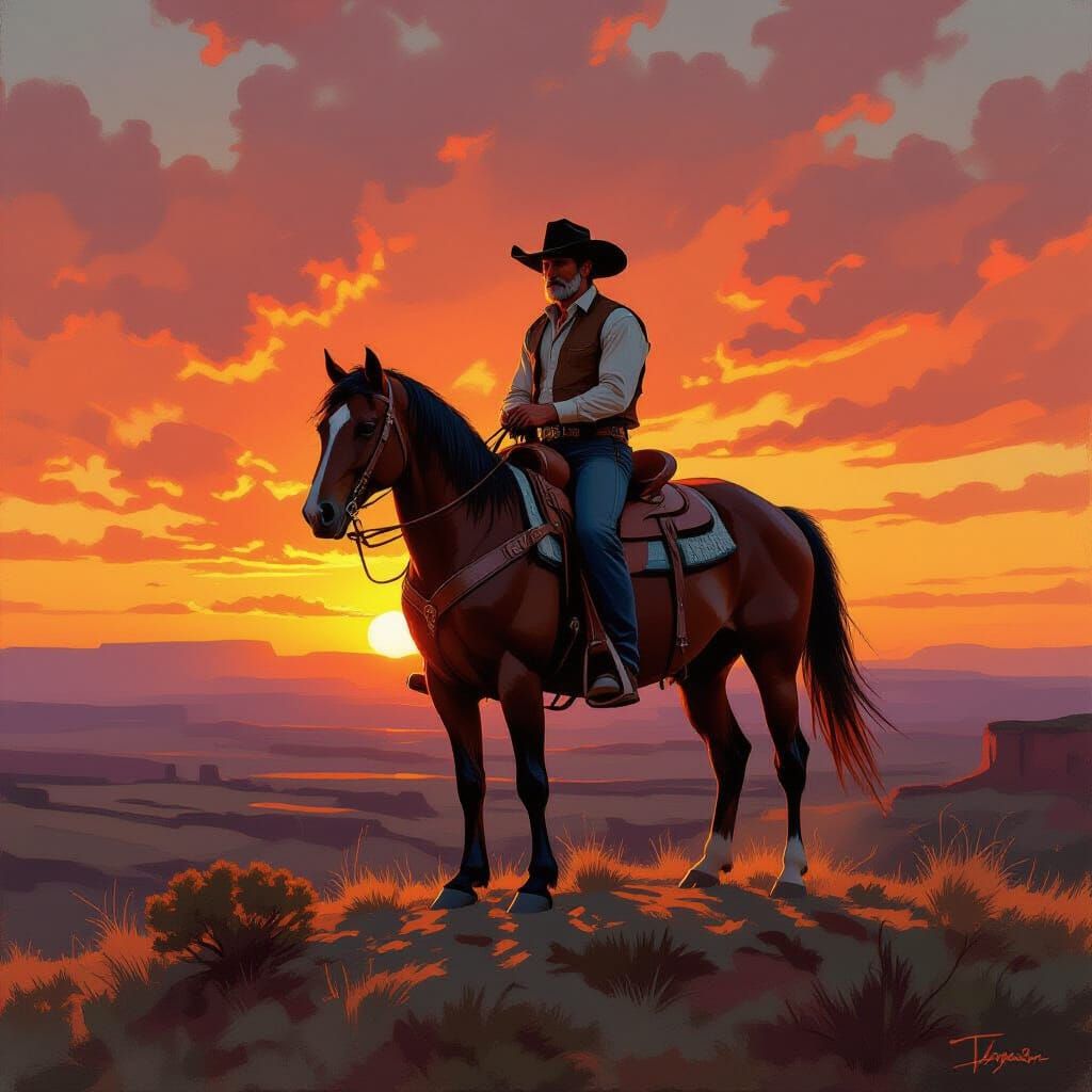 A grizzled cowboy with a weathered face and steely eyes sits atop a majestic, muscular steed, silhouetted ...  by @Shelly