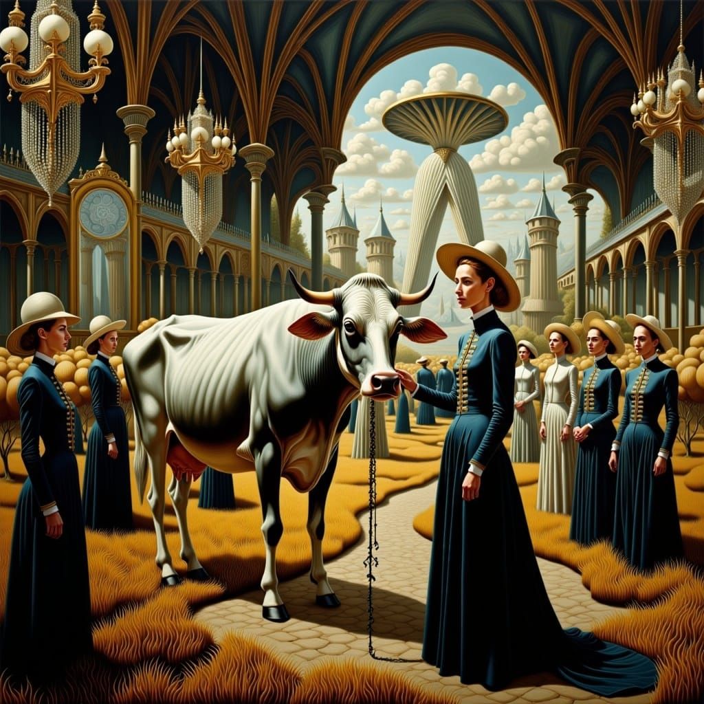 <lora:Surreal Sunday Flux:0.9> Surreal portrait of a man milking a cow in a church, Andrea Kowch, Filip Hodas, Brad Kunkle, Salvador Dali,...