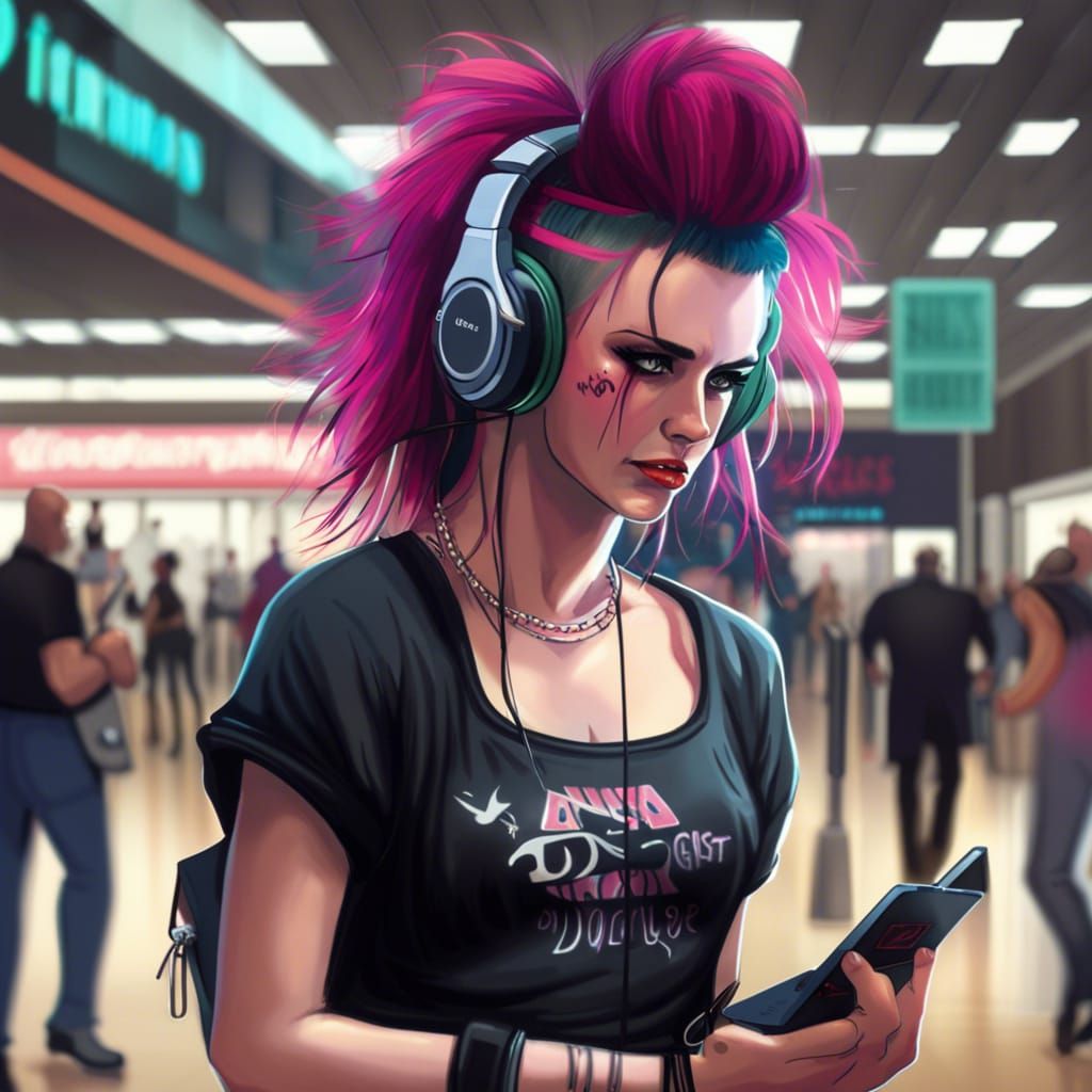 80s valley girl but punk goth with headphones and a Walkman at the mall food court.   by @SabrePinkT