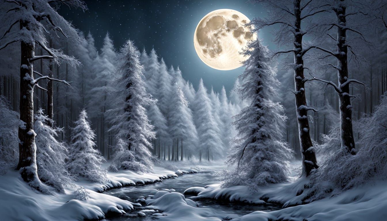 Winter forest. Moon and Stars. Impasto. Detailed. Beautiful. Cinematic. HDR. Monochromatic by Kelly Freas ...  by @5Foot3 Marie