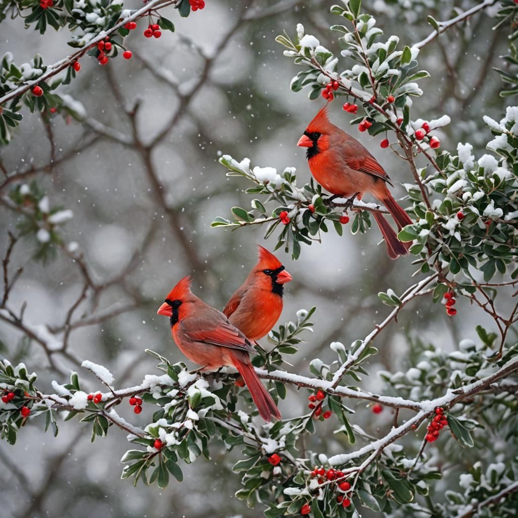 2 cardinals sitting on a snowing holly tree branch
