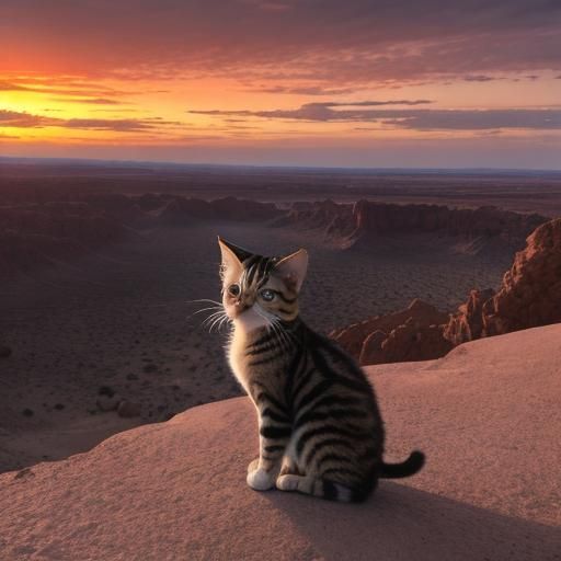 A Grumpy Kitten sitting on a rock, stunning desert sunset. E...