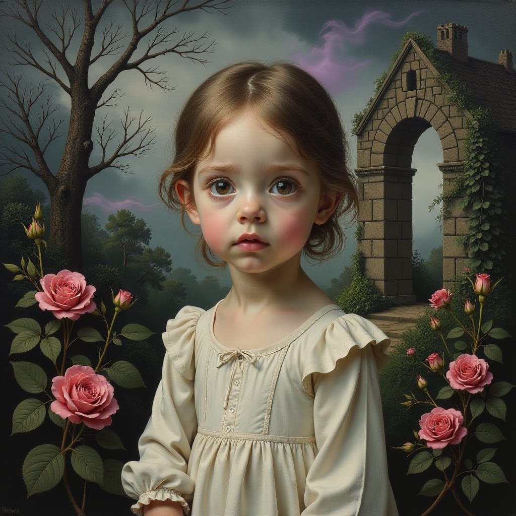 The contrast between the child’s innocence and the dark, eerie setting creates a haunting yet captivating image