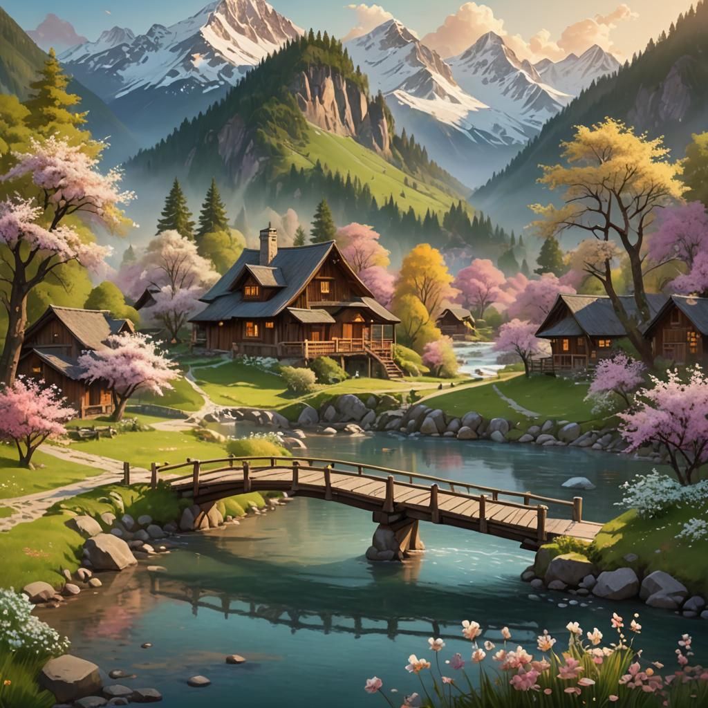 "Create a serene and timeless landscape that embodies the beauty of nature in a traditional style. The scene should feature a lush, green va...