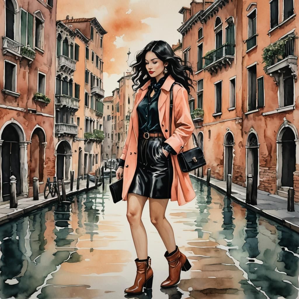 A stunning woman, black hair, a little wavy with a peach coa...