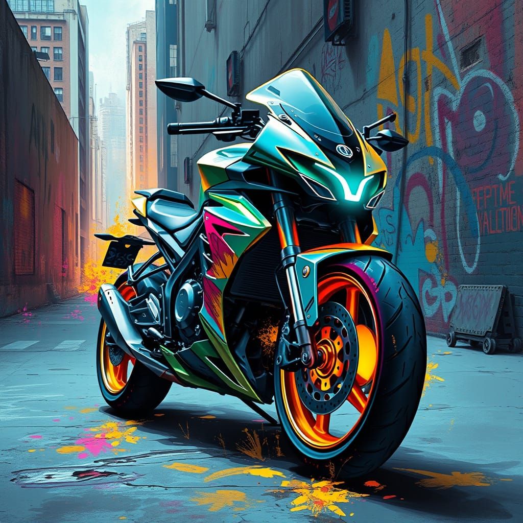Futuristic Motorcycle in Neon-Lit Cityscape