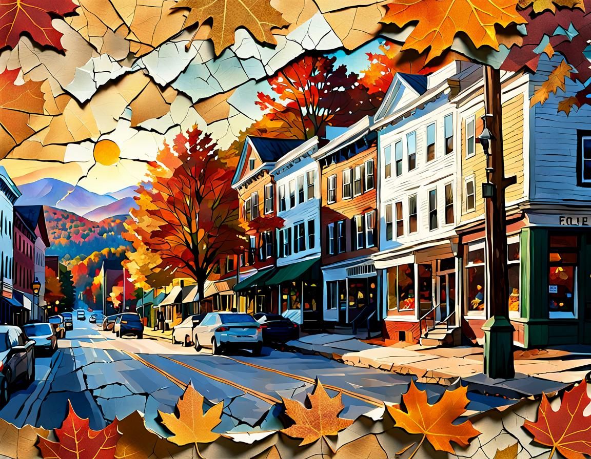Collage of cracked paper featuring autumn in Vermont town