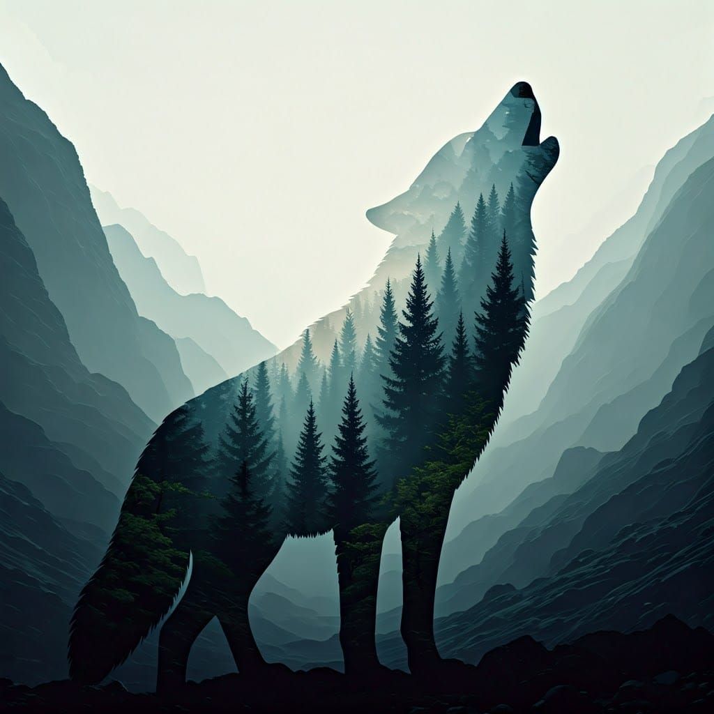 Create a double-exposure digital image that captures the silhouette of a wolf howling in the mountains with a misty striking view. Let the d...